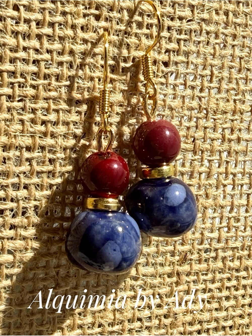 AMERICANA Navy Blue and Burgundy coral Bead Drop Earrings with Gold Accents